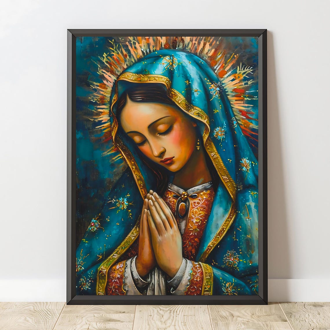 Our Lady of Guadalupe Praying Virgin Mary Teal Mantle Art Poster - Image 2