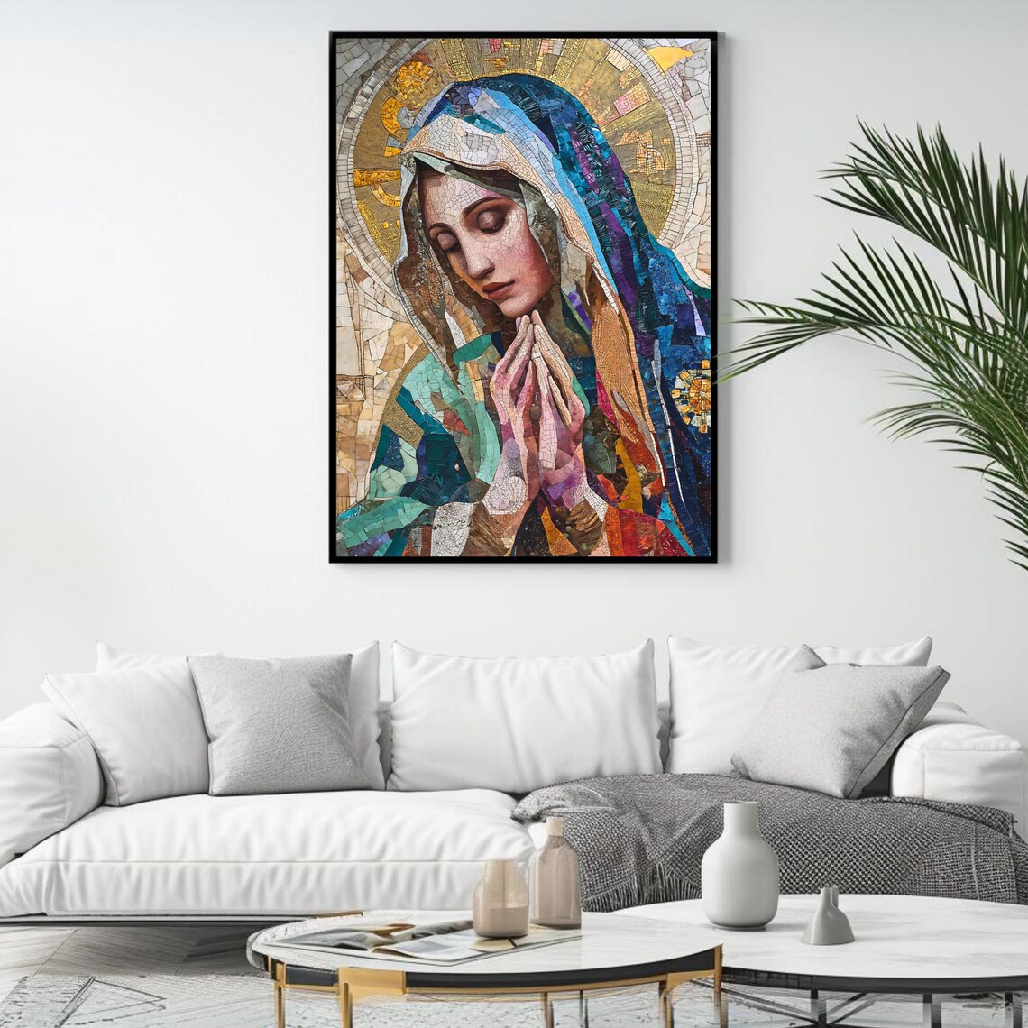 Virgin Mary Mosaic Prayer Blue Veil Golden Halo Catholic Faith Art Print Poster - Image 4