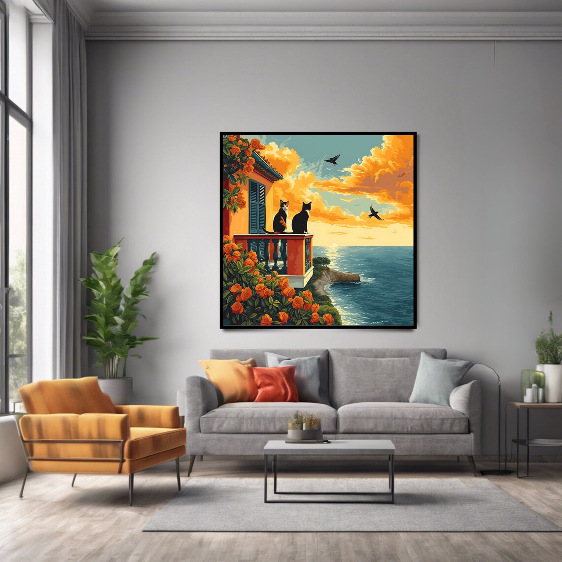 Two Cats On Balcony Overlooking Ocean Sunset Orange Roses Coastal Poster - Image 2