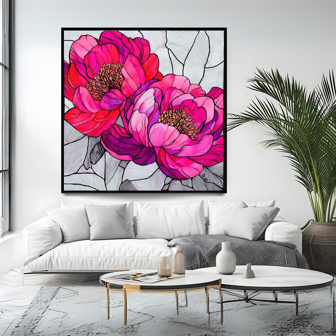 Pink Magenta Peony Blossoms Stained Glass Style Floral Wall Art Poster - Image 4