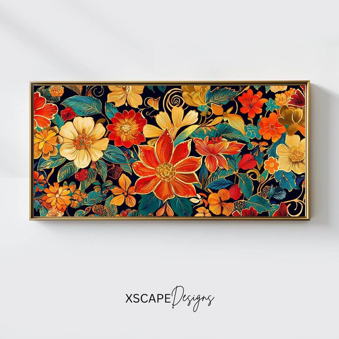 Bright Orange Floral Pattern Dark Navy Panoramic Botanical Art Poster