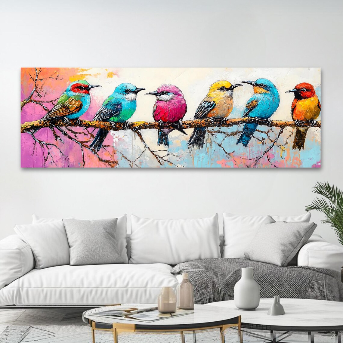 Six Colorful Birds On Branch Watercolor Panoramic Nature Bird Wall Art - Image 4