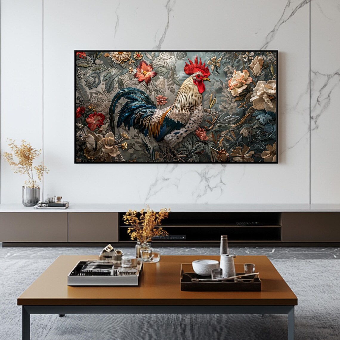 Rooster Floral Tapestry Vintage Farmhouse Rustic Bird TV Art Poster - Image 2