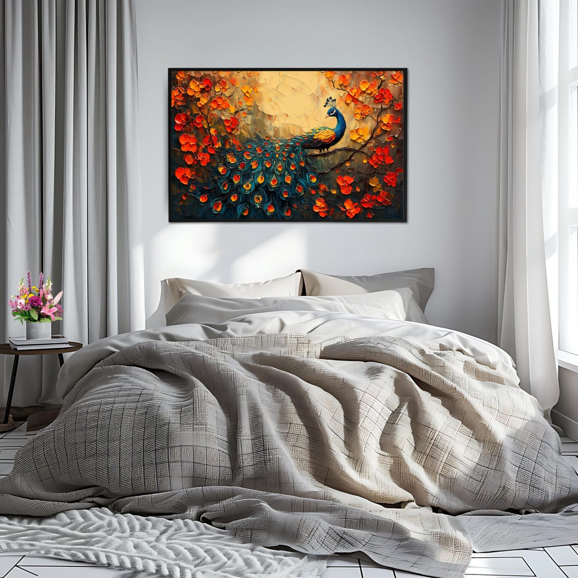 Peacock Art Print Vibrant Floral Wall Decor Exotic Bird Horizontal Wall Art Bold Nature Artwork - Image 2