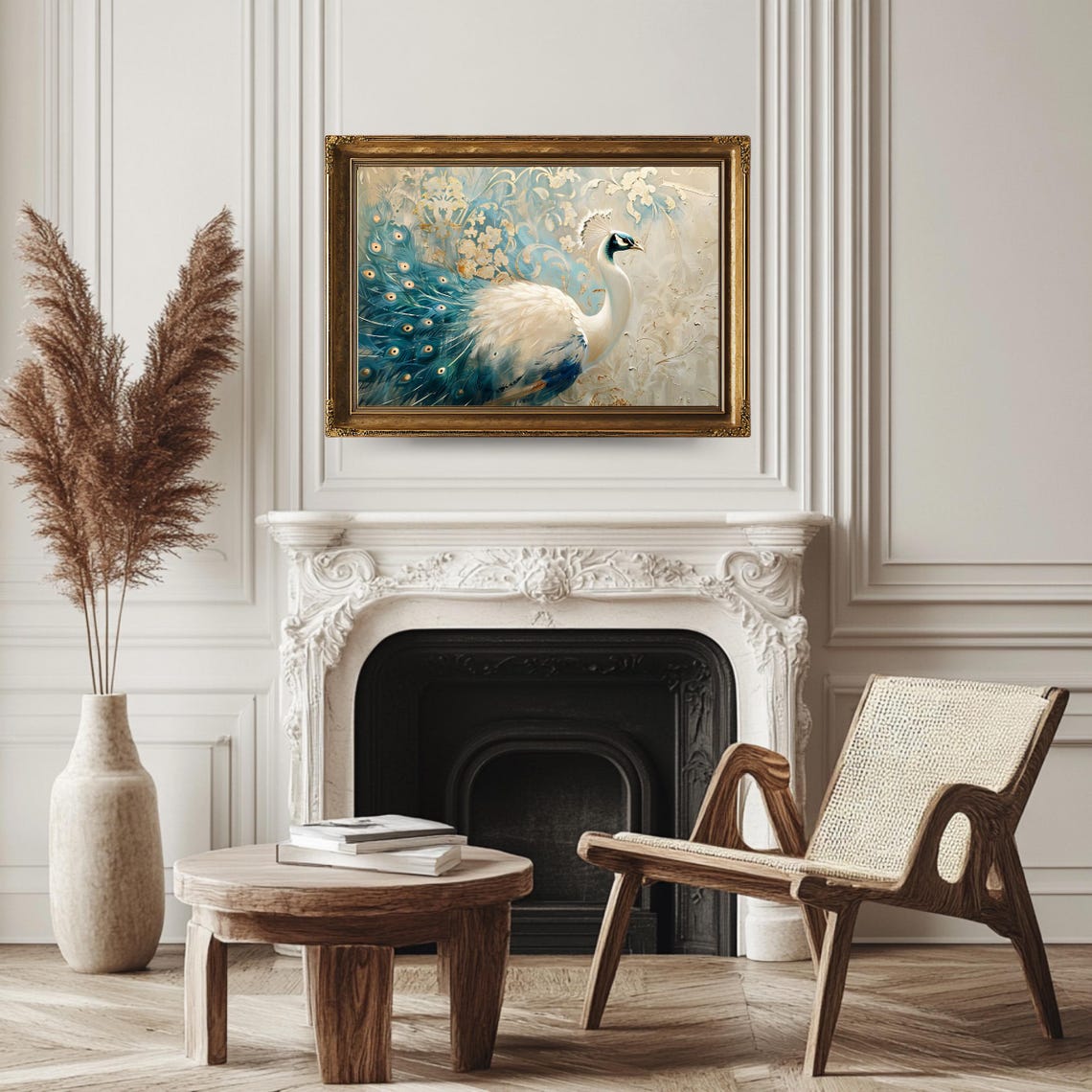 Elegant White Peacock Teal Tail Feathers Gold Damask Animal Wall Art - Image 3