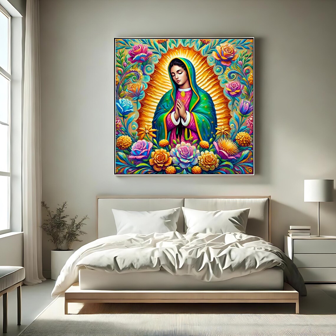 Our Lady Of Guadalupe Colorful Praying Madonna Floral Halo Print - Image 2