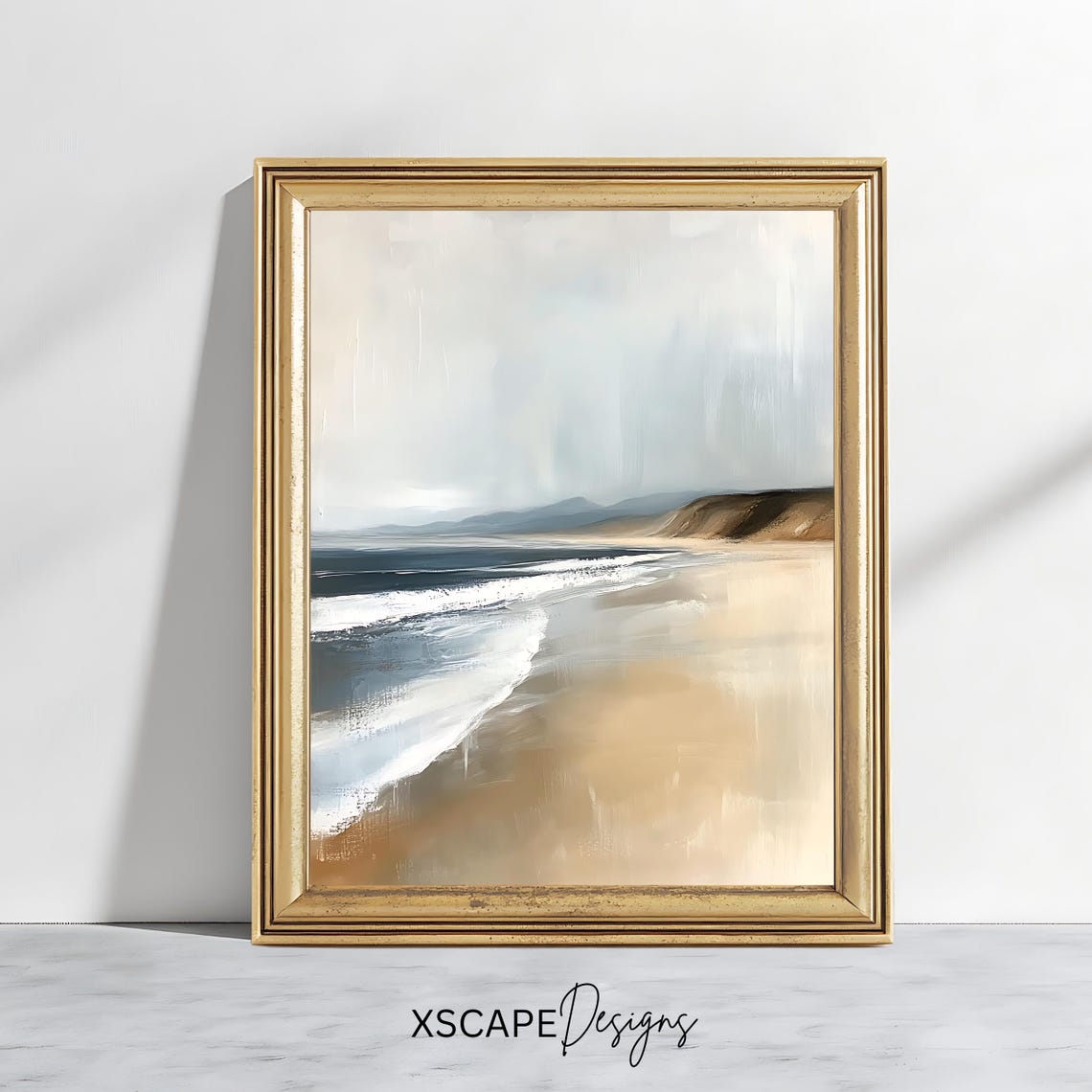 Minimalist Neutral Beach Waves and Sandy Shore Coastal Art Poster