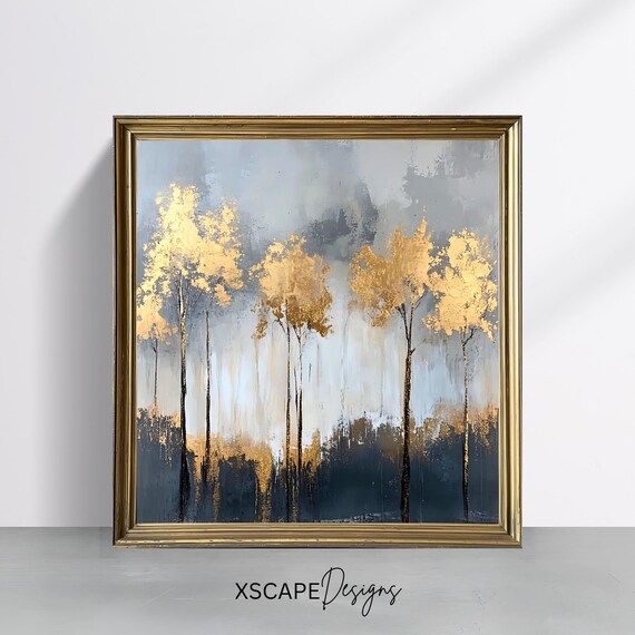 Golden Abstract Forest Wall Art Square Print Minimalist Tree Painting Modern Nature Decor