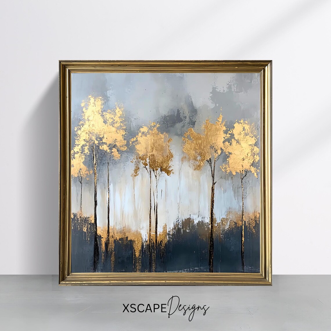 Golden Abstract Forest Wall Art Square Print Minimalist Tree Painting Modern Nature Decor