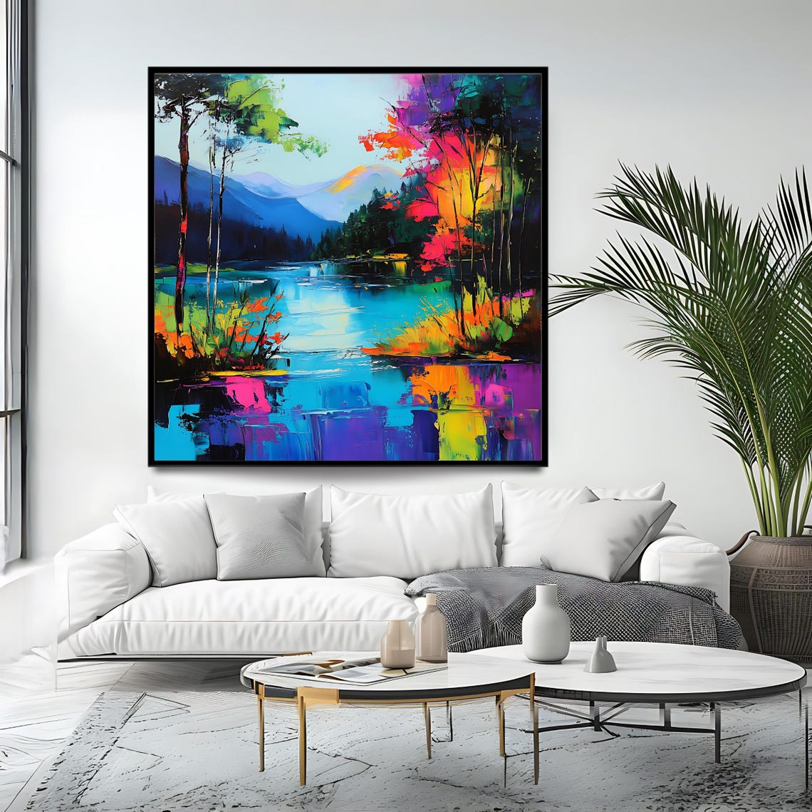 Neon Lake And Mountain Landscape Vibrant Colorful Abstract Art Poster - Image 4