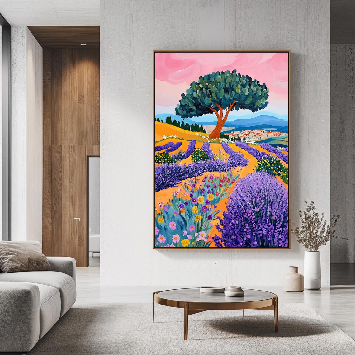 Provence Lavender Rows Wildflowers And Pine Tree Pink Sky Art Poster - Image 3