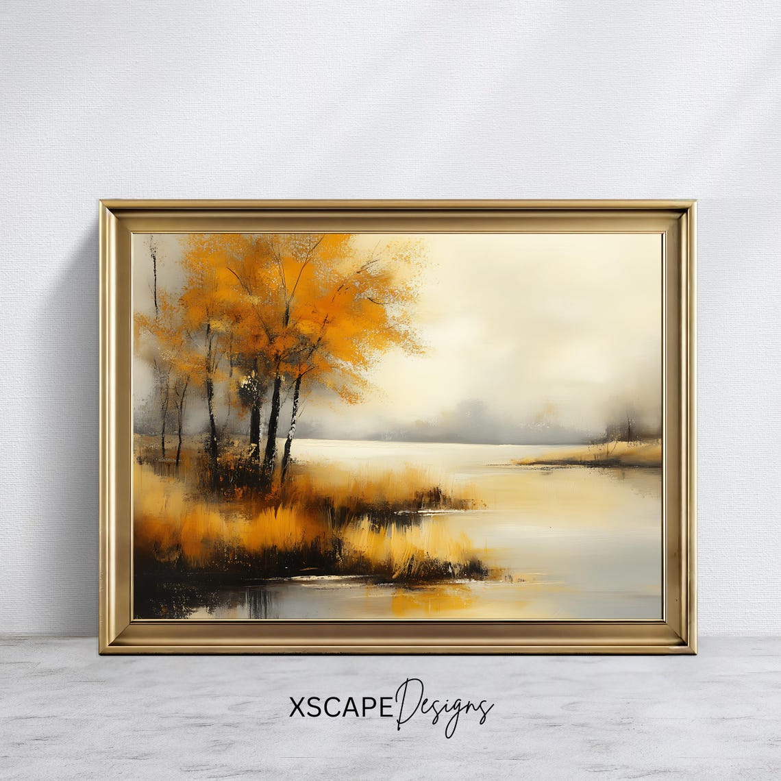 Misty Autumn Lakeside Golden Trees Vintage Fall Landscape Poster