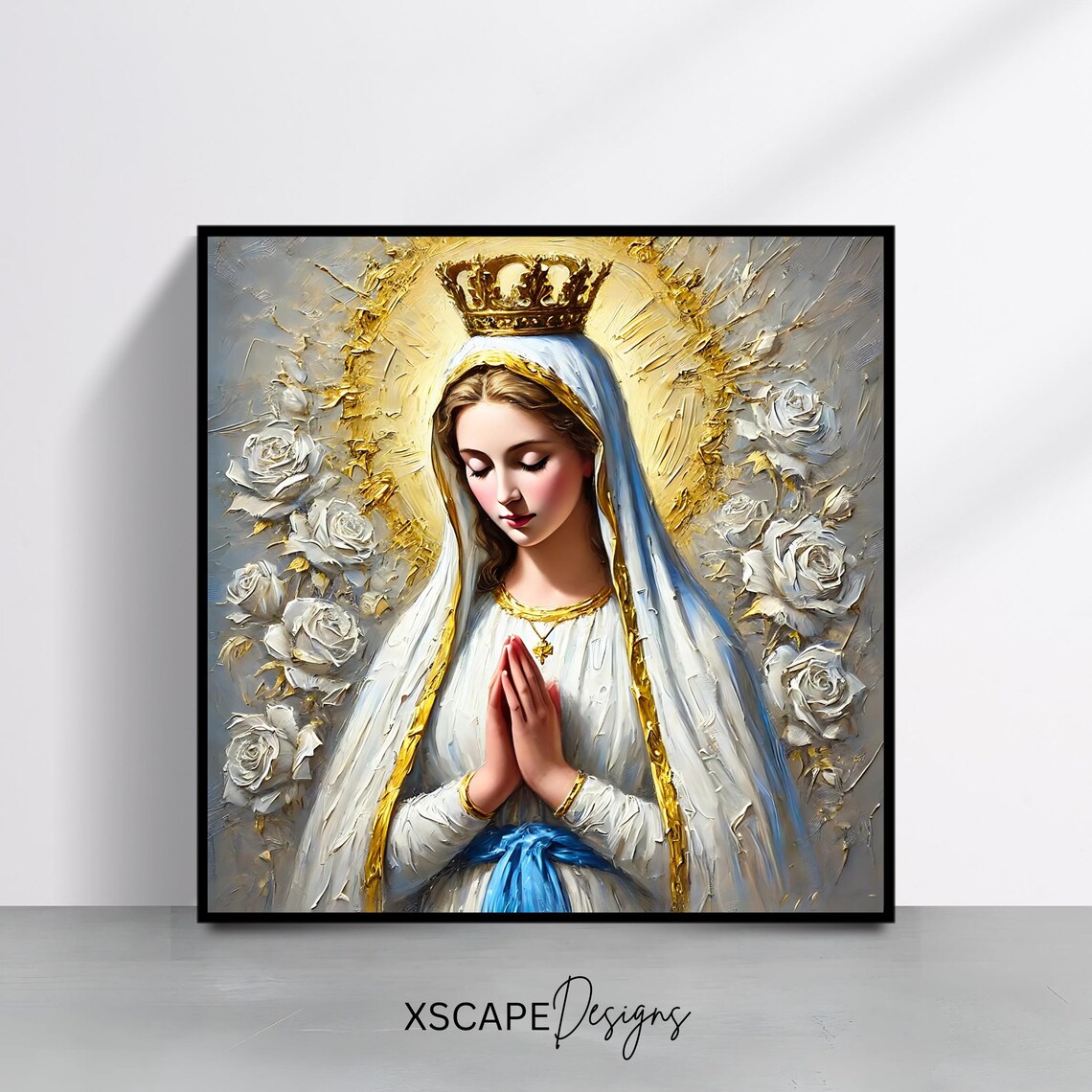 Our Lady of Fatima Crowned Marian Prayer White Roses Gold Halo Art Print