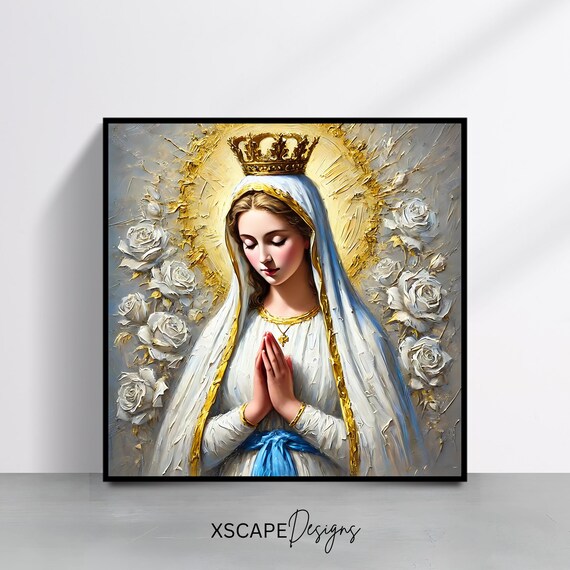 Our Lady of Fatima Crowned Marian Prayer White Roses Gold Halo Art Print