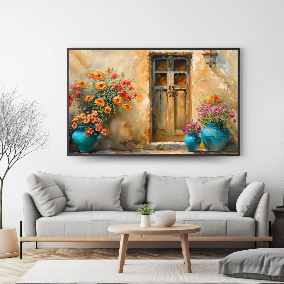 Mediterranean Doorway Blue Flower Pots Warm Stone Wall View Poster - Image 4