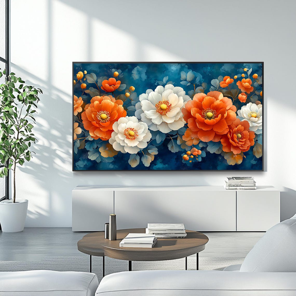Orange And White Flowers On Deep Blue Elegant Botanical Art Poster - Image 4