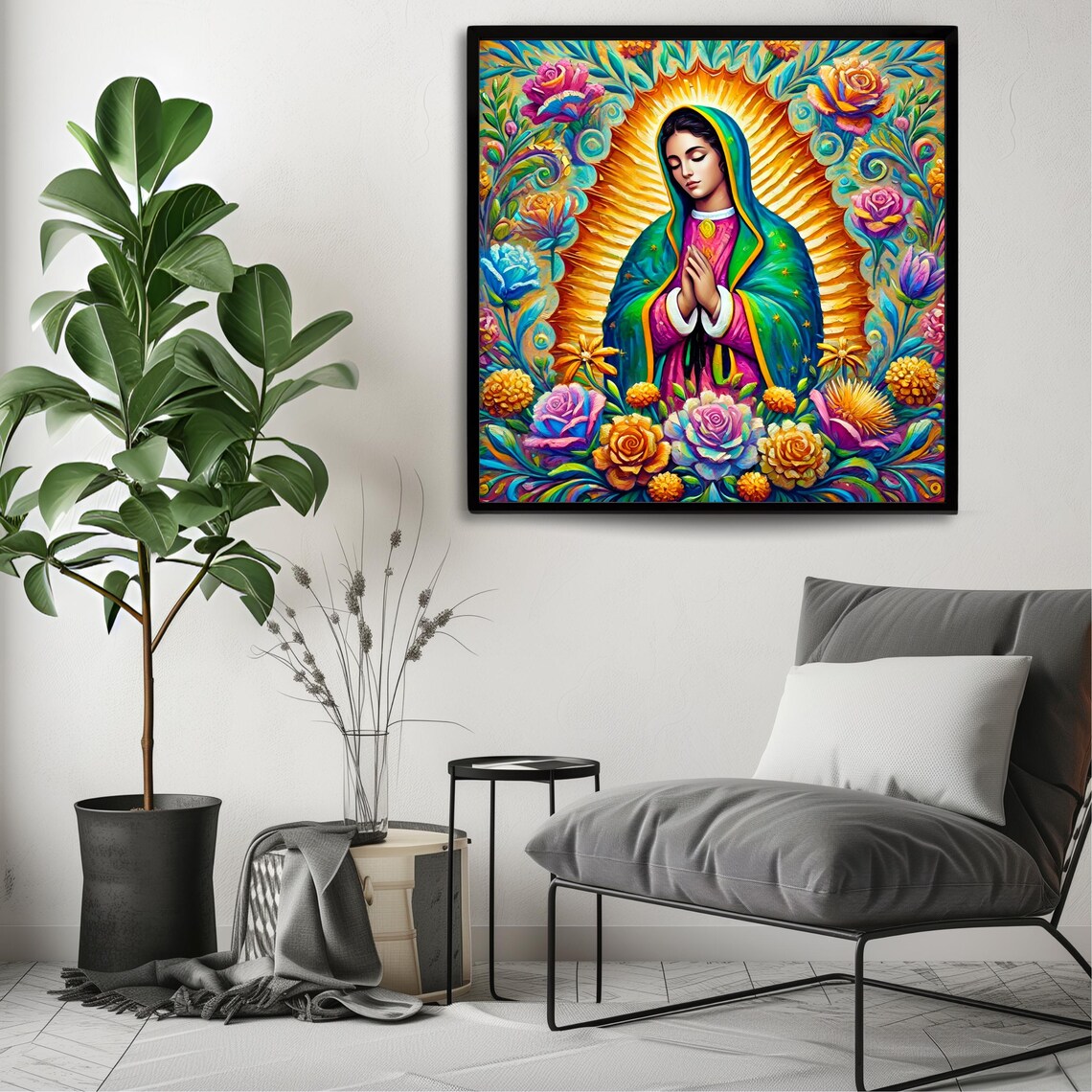 Our Lady Of Guadalupe Colorful Praying Madonna Floral Halo Print - Image 3
