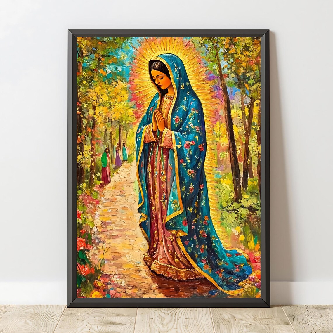 Our Lady of Guadalupe Praying on Forest Path Colorful Poster - Image 3