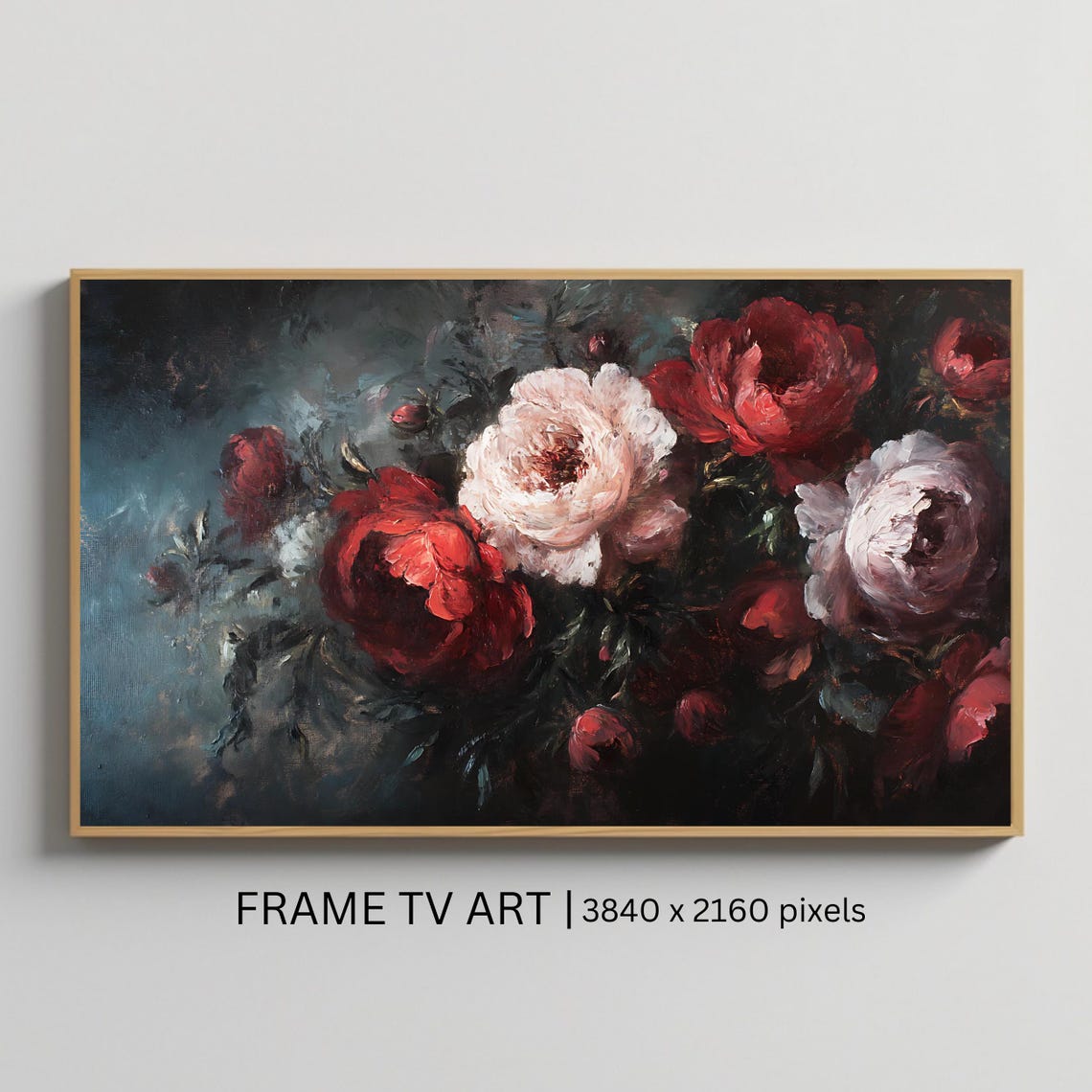 Dark Moody Red Roses Floral Oil Painting Vintage Botanical Art Poster