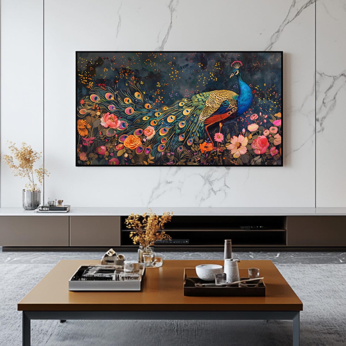 Elegant Peacock in Blooming Garden Night Lights Floral Wall Art - Image 2