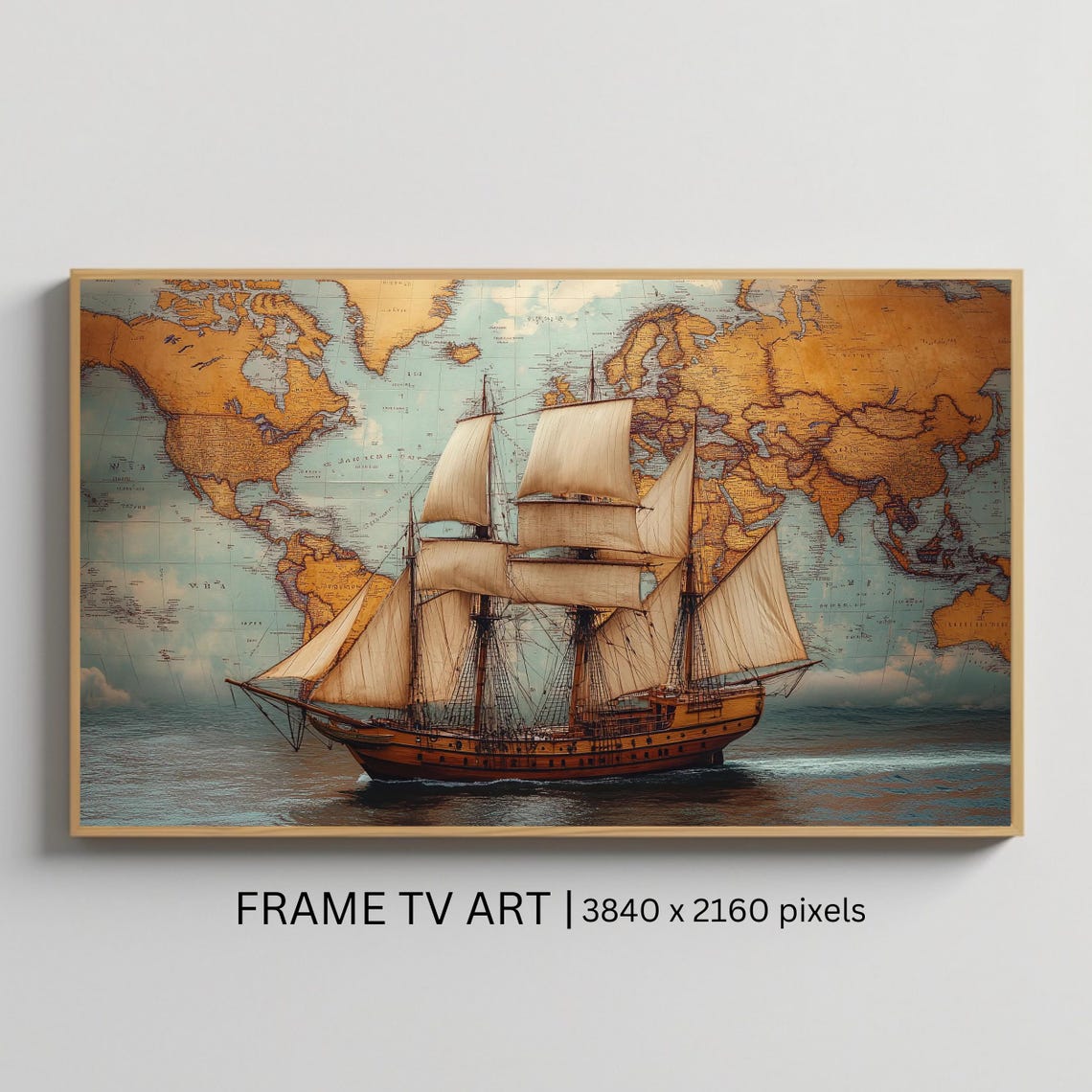 Vintage Tall Ship Sailing World Map Nautical Adventure Wall Art Poster