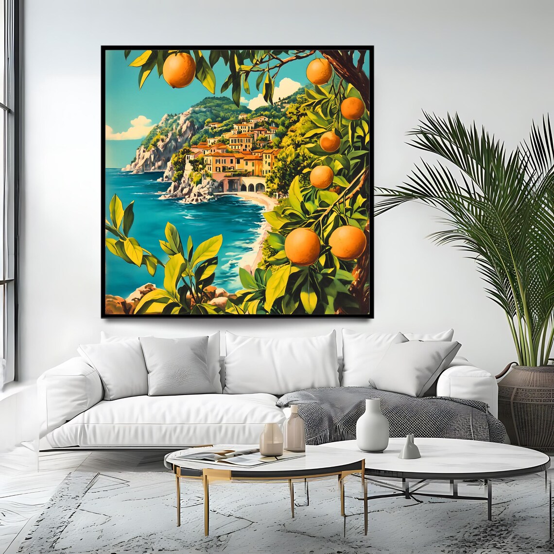 Mediterranean Coastal Art Print, Orange Tree Seaside Artwork - Image 4