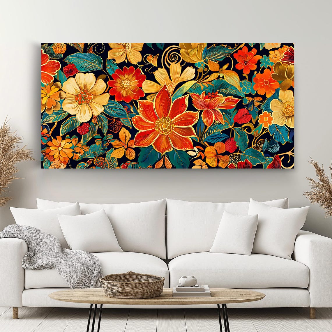 Bright Orange Floral Pattern Dark Navy Panoramic Botanical Art Poster - Image 2