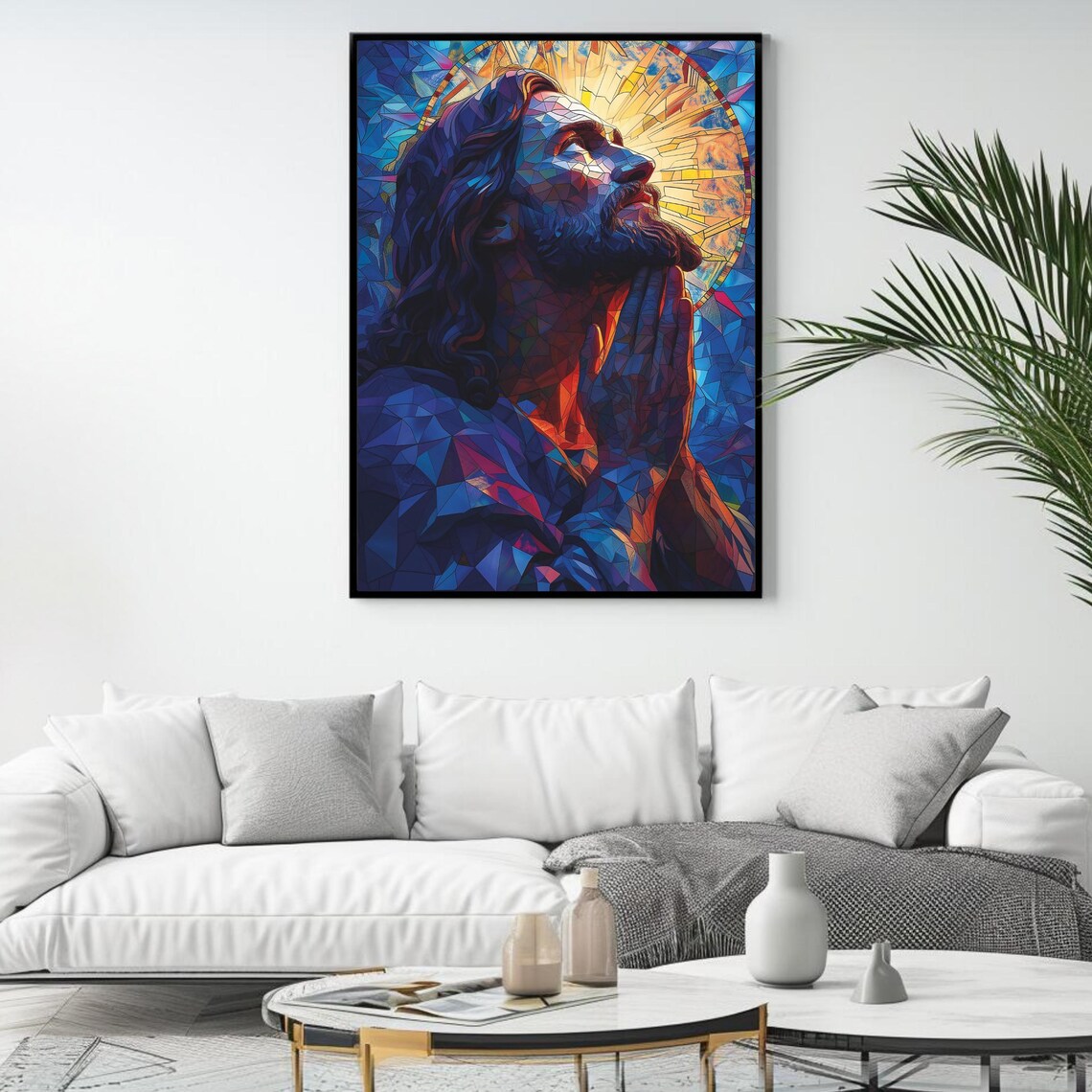 Jesus Praying Stained Glass Mosaic Blue Halo Faith Art Poster - Image 4