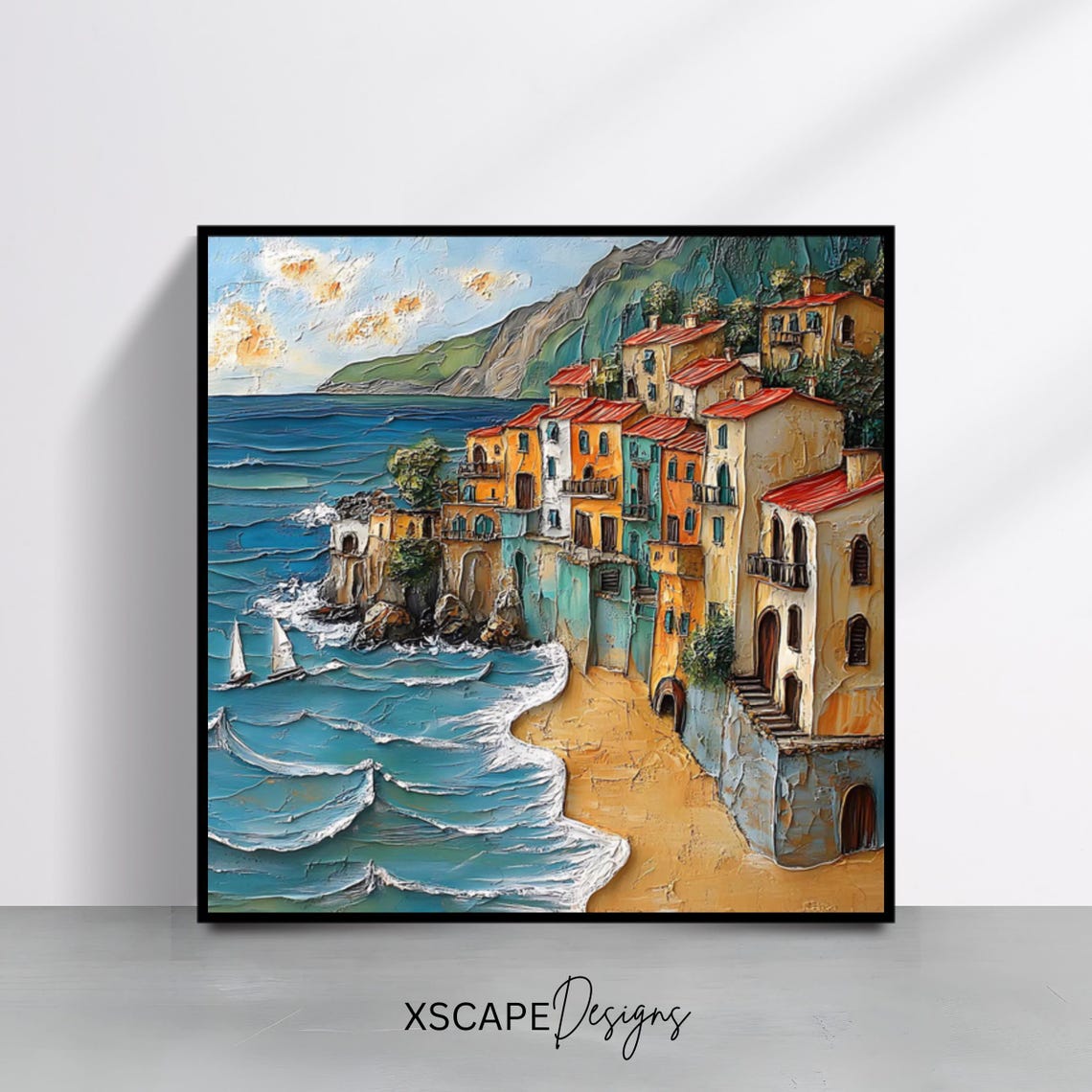 Mediterranean Cliffside Village Colorful Houses Beach and Sea Poster