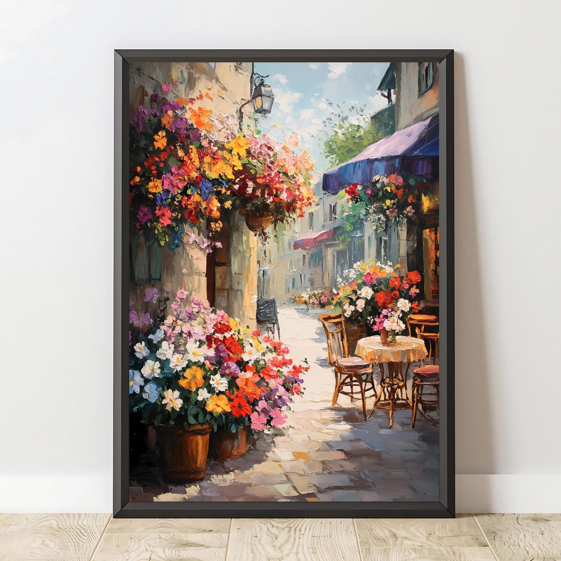 French Cafe Flower Lined Cobblestone Street Terrace Summer Wall Art - Image 2