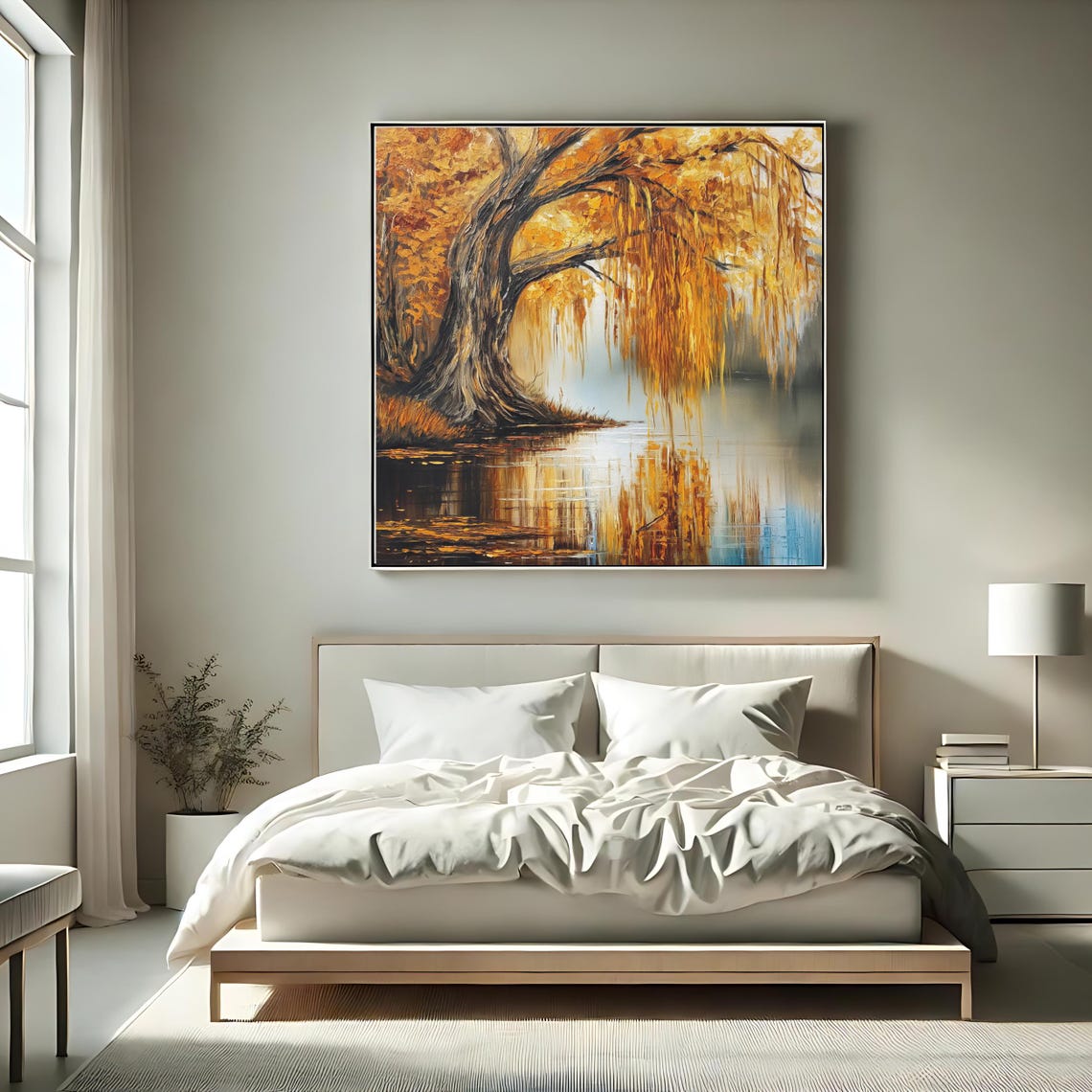 Golden Autumn Willow Tree Reflected in a Still Lake Oil Style Poster - Image 2