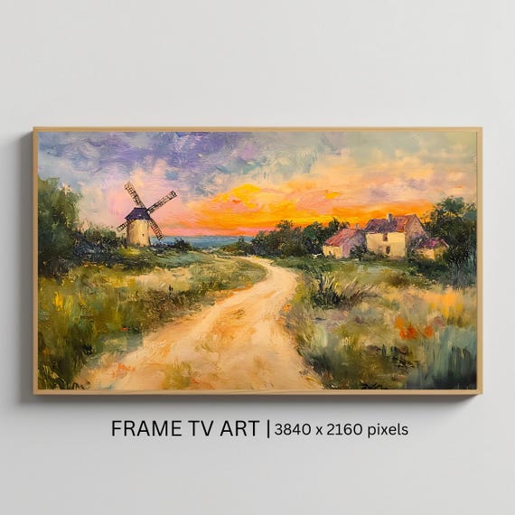Rustic Windmill Sunset Art For Frame Tv Scenic Countryside Roku Screensaver Smart Tv Wall Art
