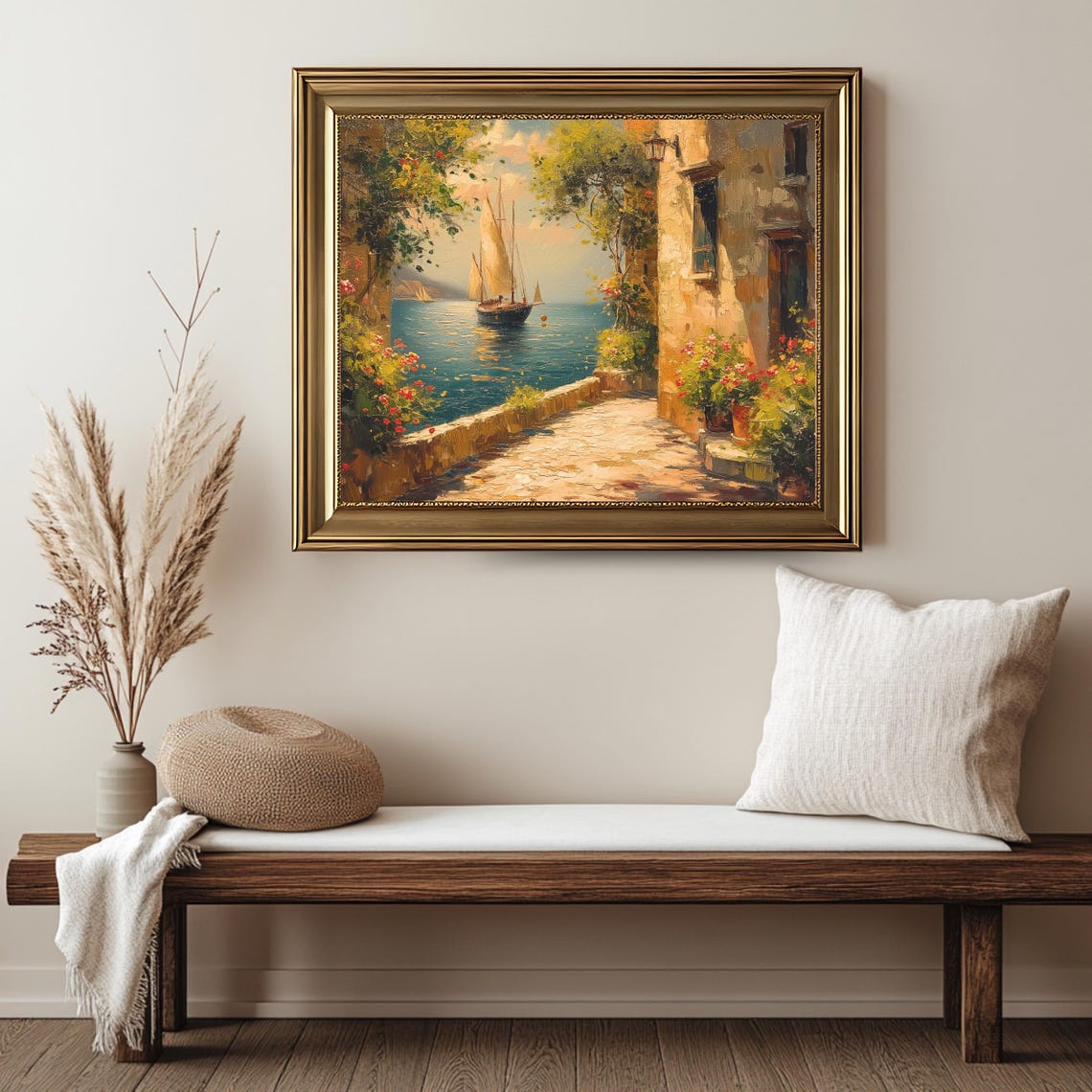 Mediterranean Stone Alley Sailboat Sea Golden Hour Vintage Art Poster - Image 2
