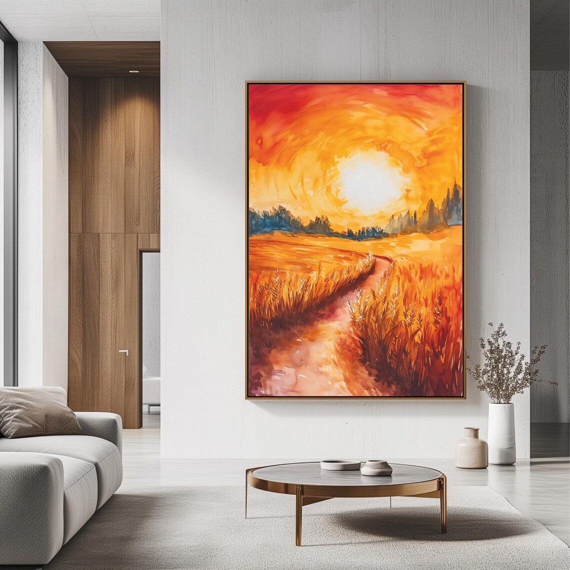 Golden Field Sunset Landscape, Nature Art Print - Image 3