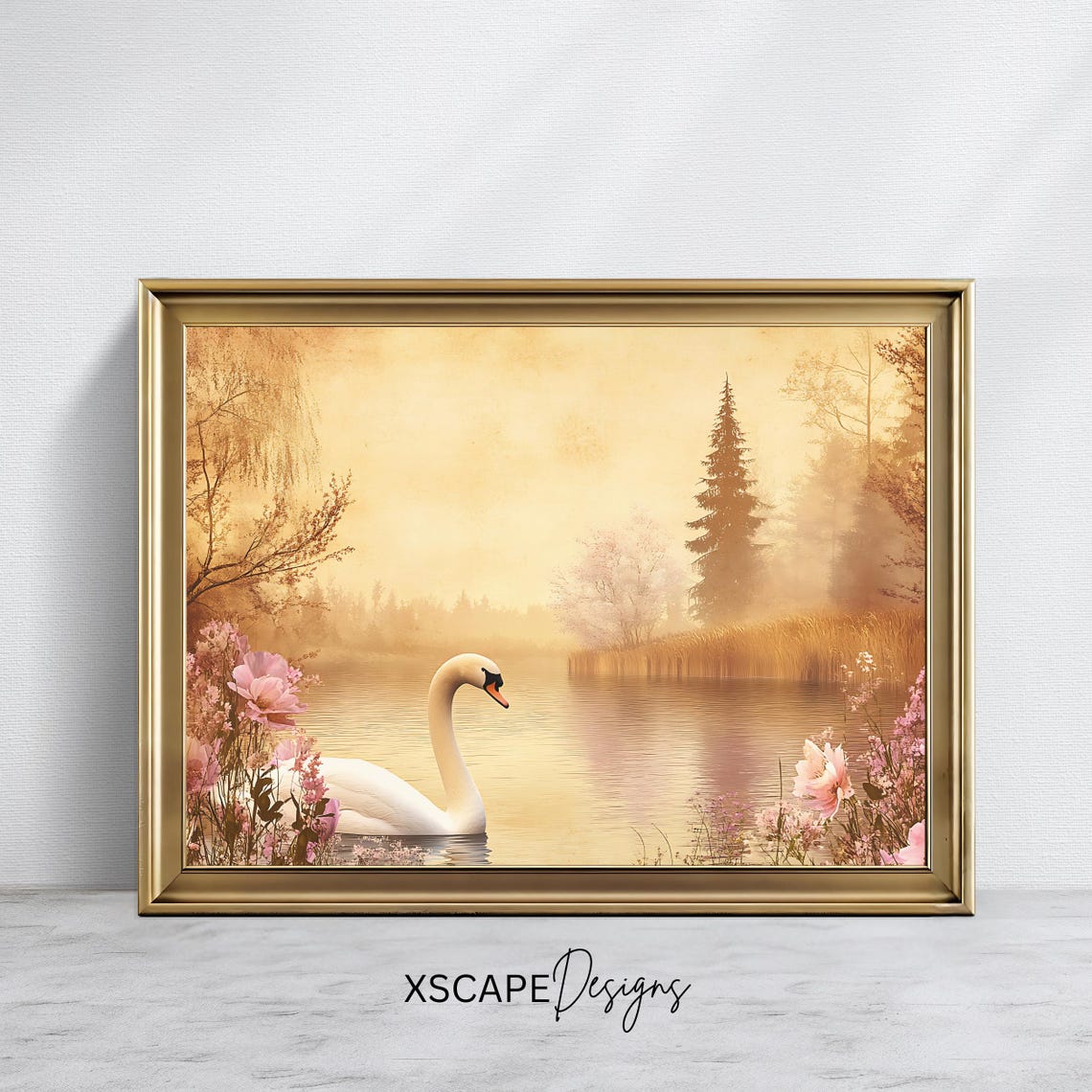 Serene White Swan Misty Golden Lake Floral Romantic Nature Poster