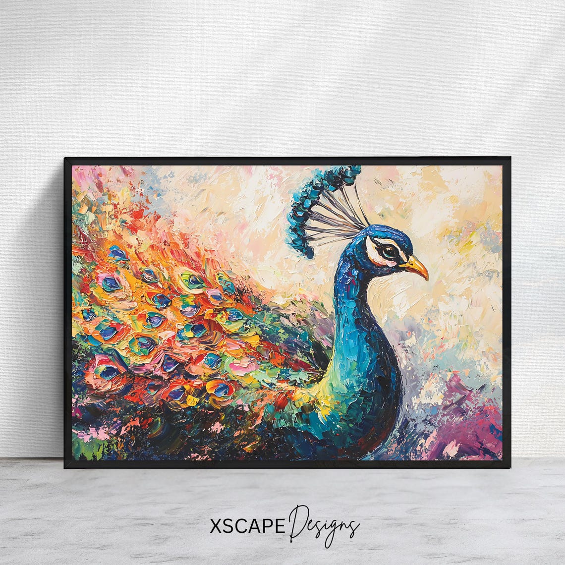 Abstract Colorful Peacock Portrait Vibrant Impasto Feather Art Poster