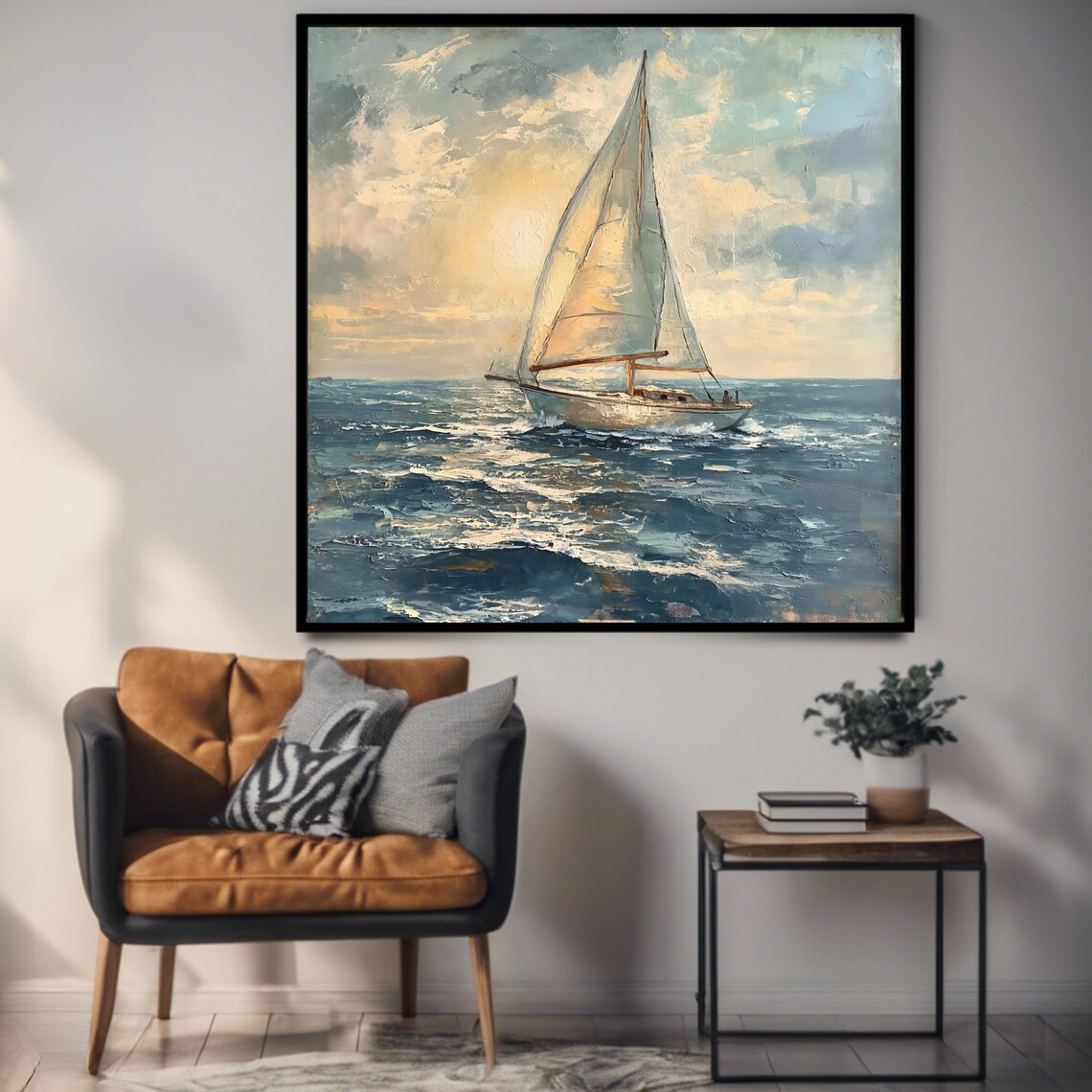 Sailing Boat Wall Art Print Nautical Square Ocean View Decor - Image 3