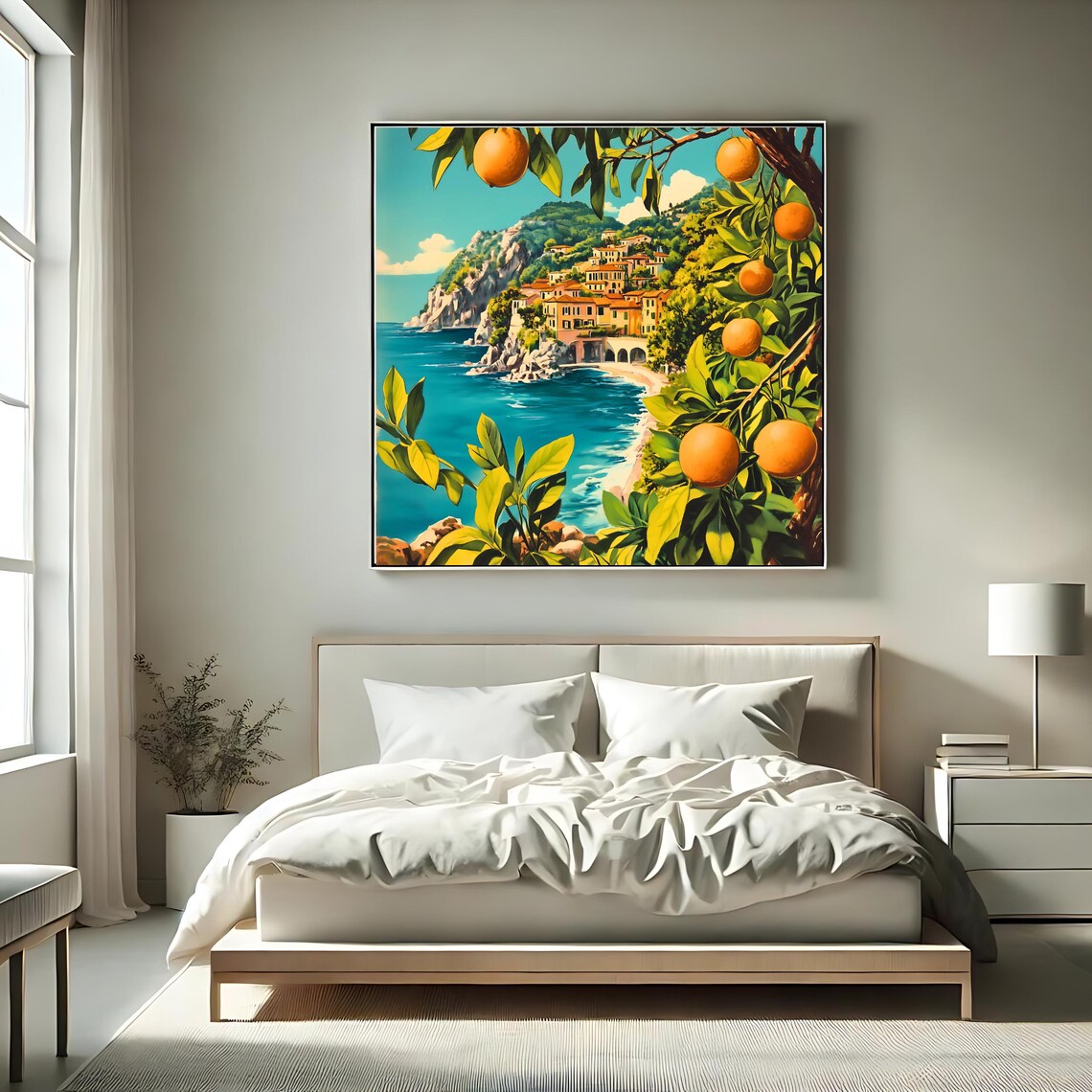 Mediterranean Coastal Art Print, Orange Tree Seaside Artwork - Image 2