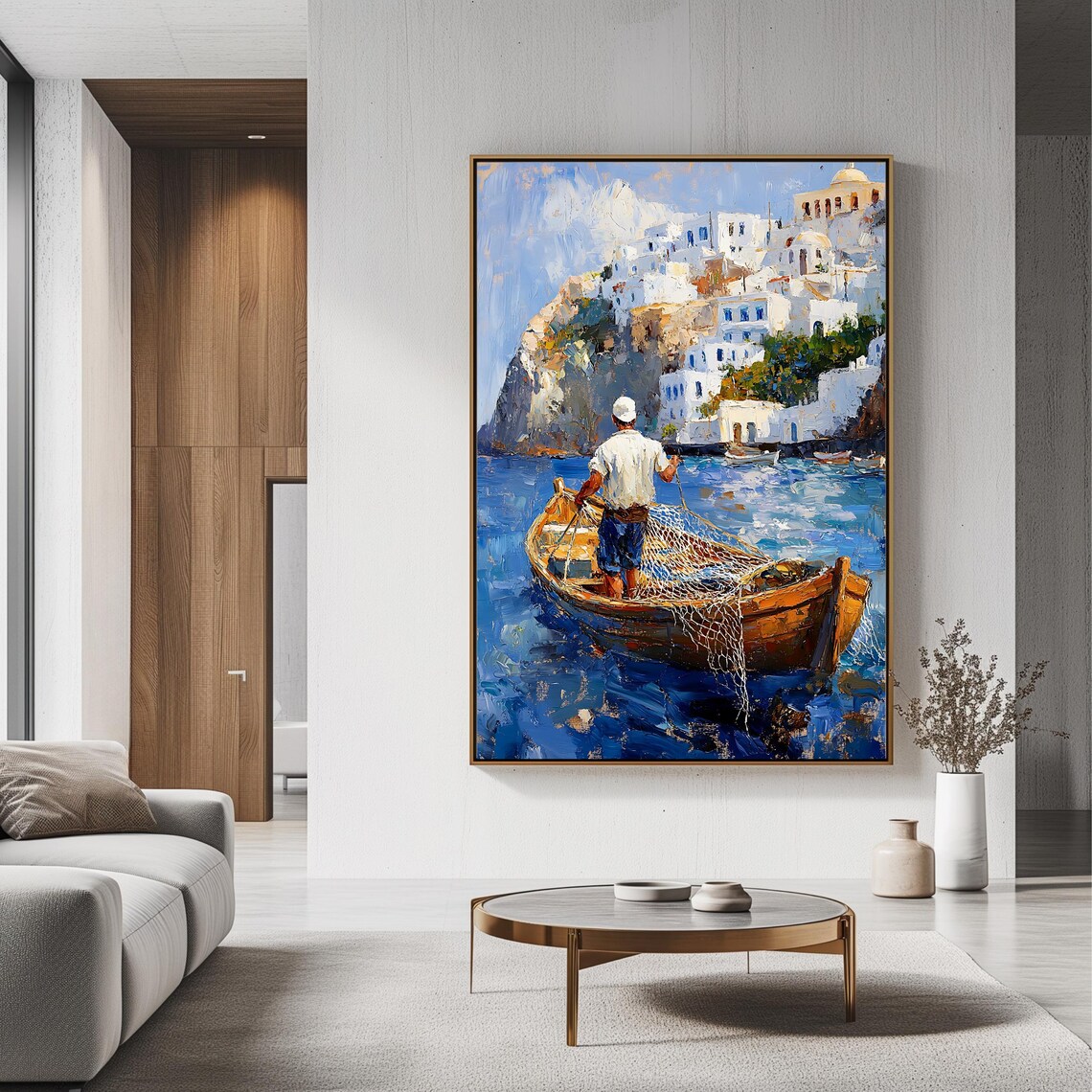 Greek Fisherman Hauling Nets In Wooden Boat Island Village View Poster - Image 3