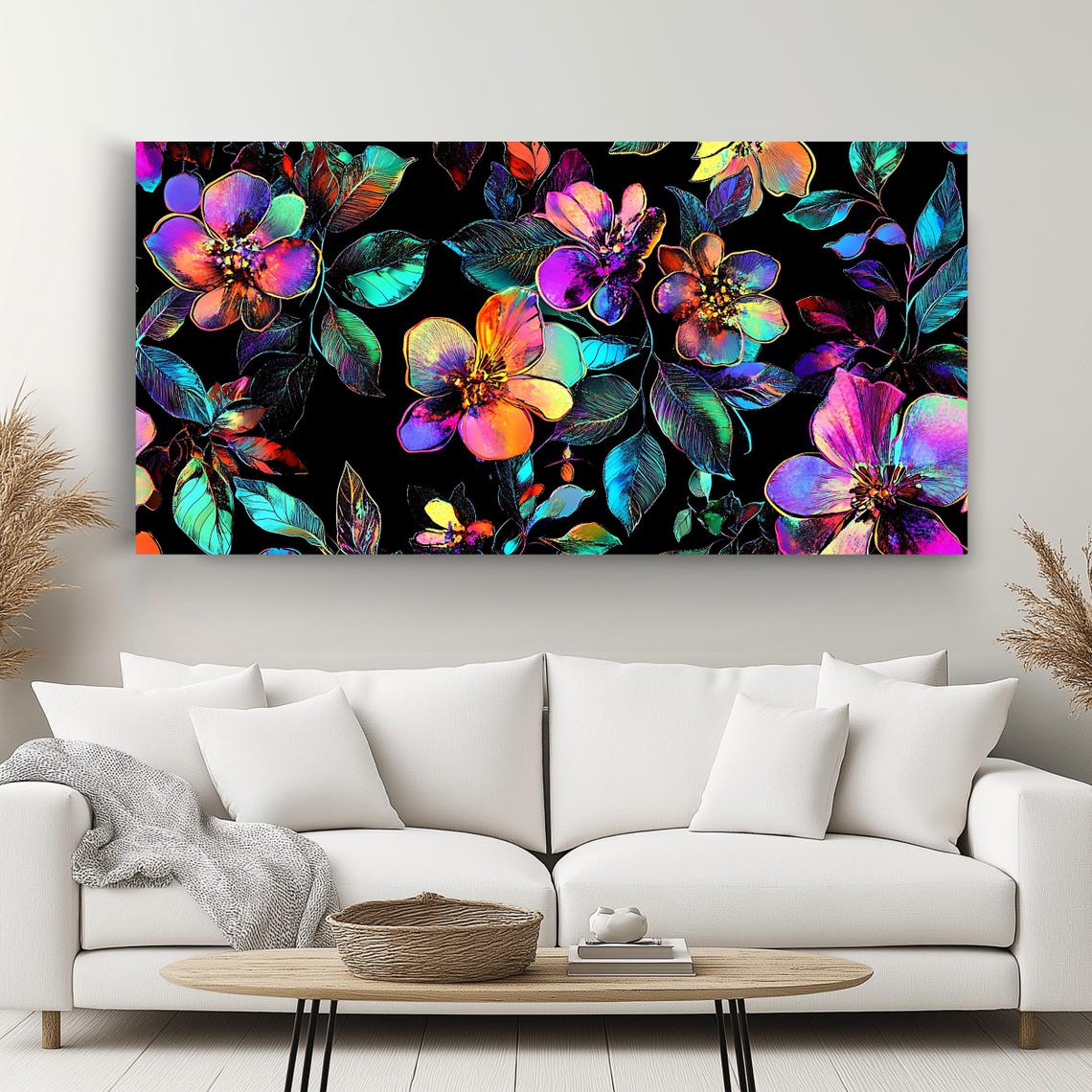 Neon Floral Blossoms Black Background Modern Botanical Wall Art Poster - Image 2