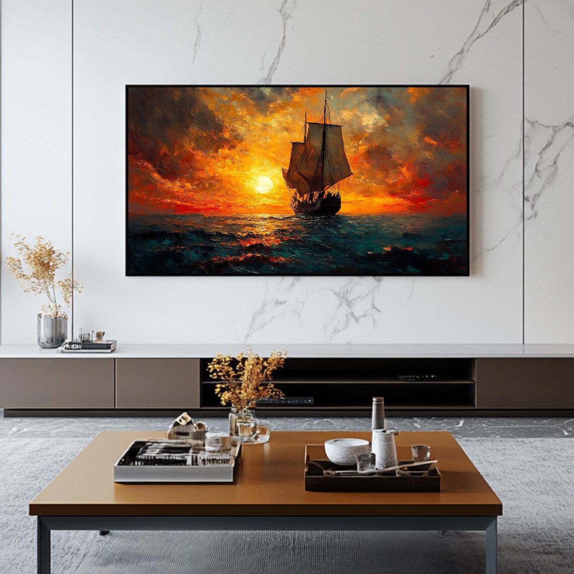 Ship At Sunset Art For Frame Tv Roku Screensaver Nautical Seascape Wall Art - Image 2