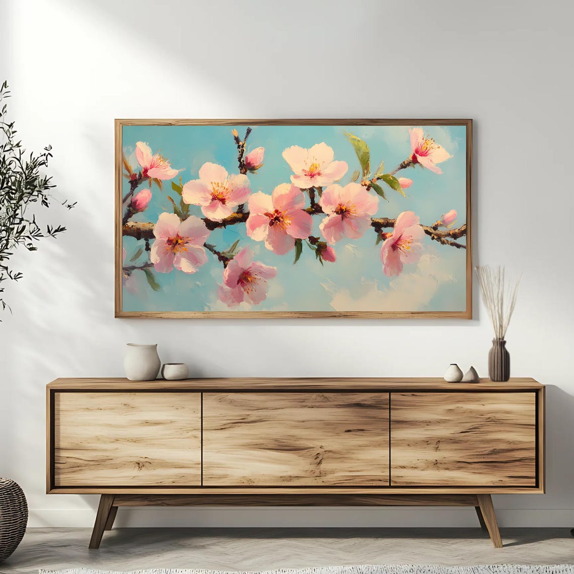 Pink Spring Cherry Blossom Branches Soft Blue Sky Floral Art Poster - Image 3