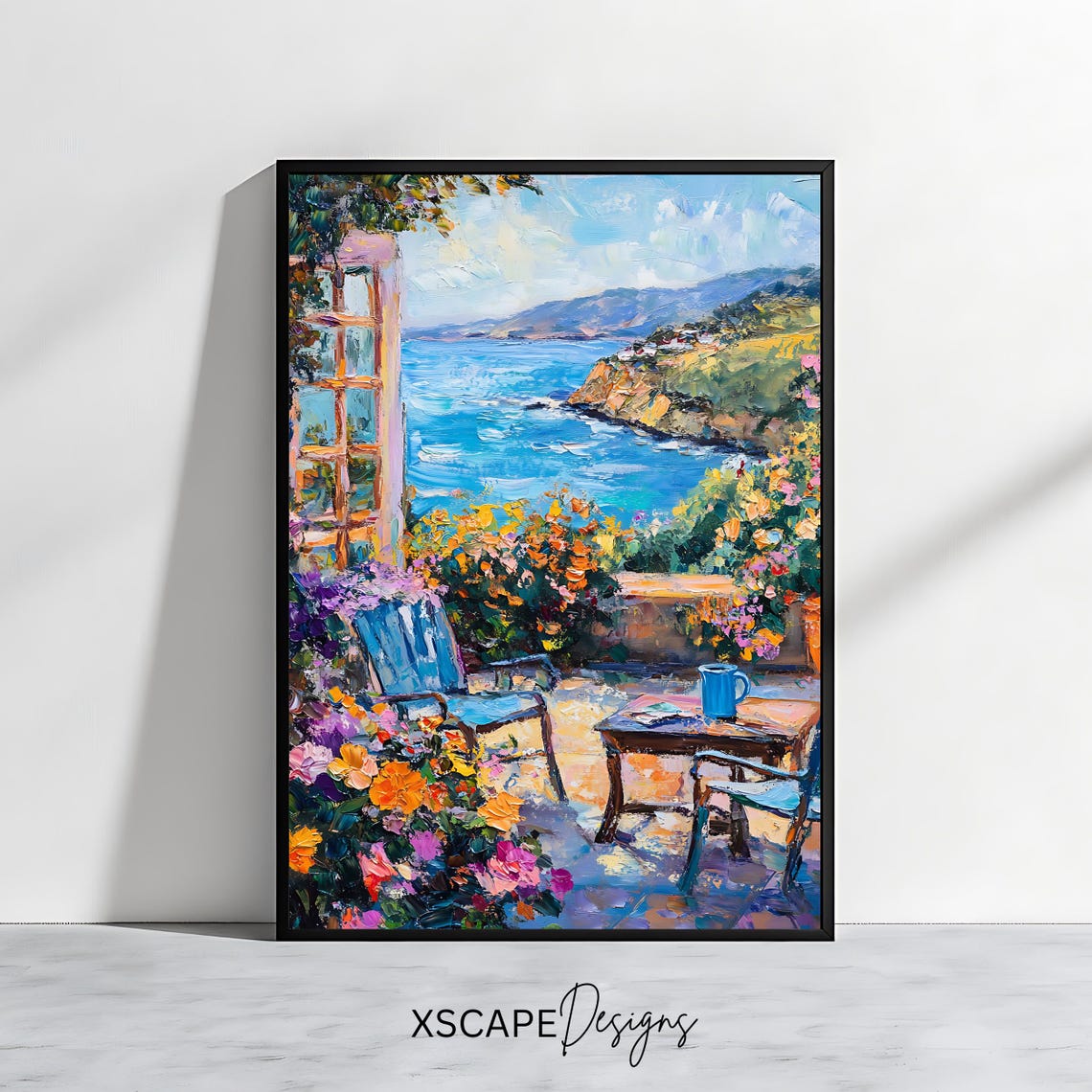 Mediterranean Sea View Terrace with Flowers and Chairs Coastal Poster