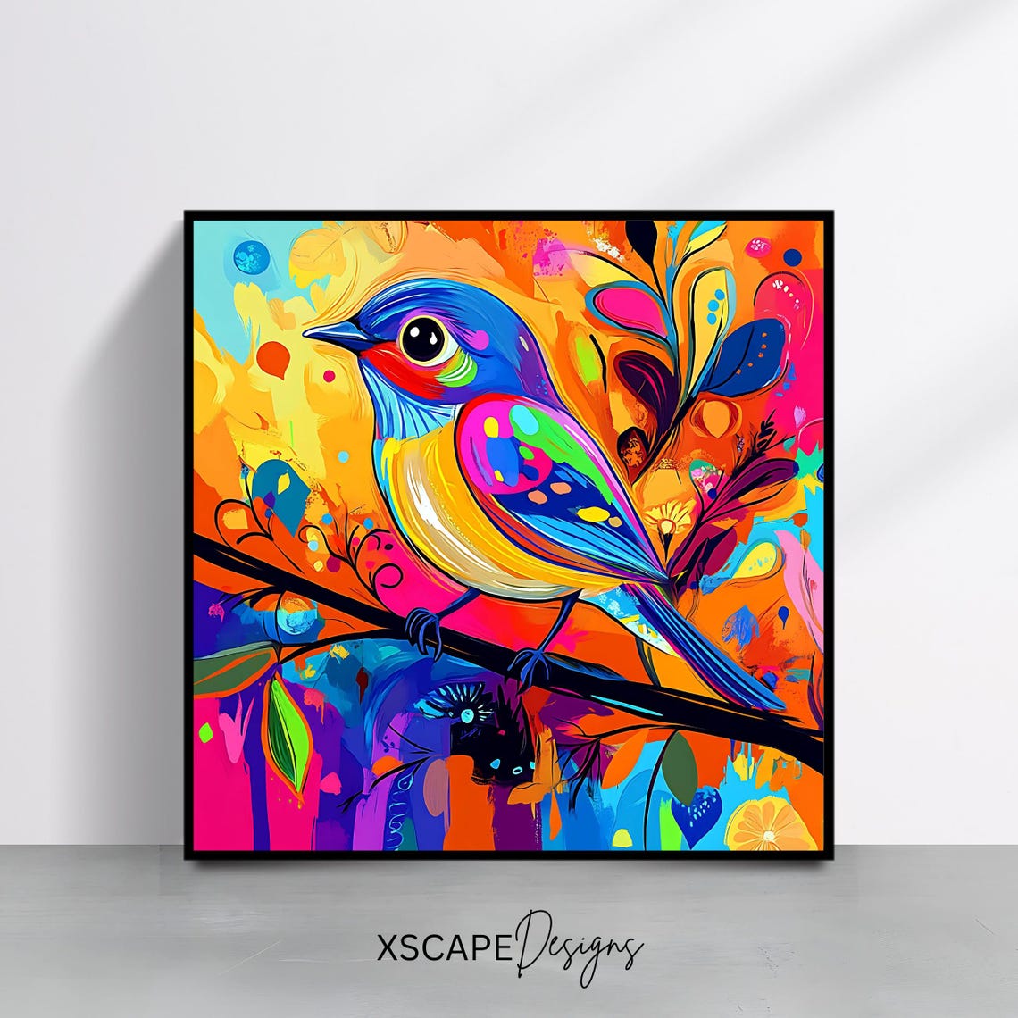 Rainbow Songbird On Branch Explosive Colorful Abstract Bird Art Poster