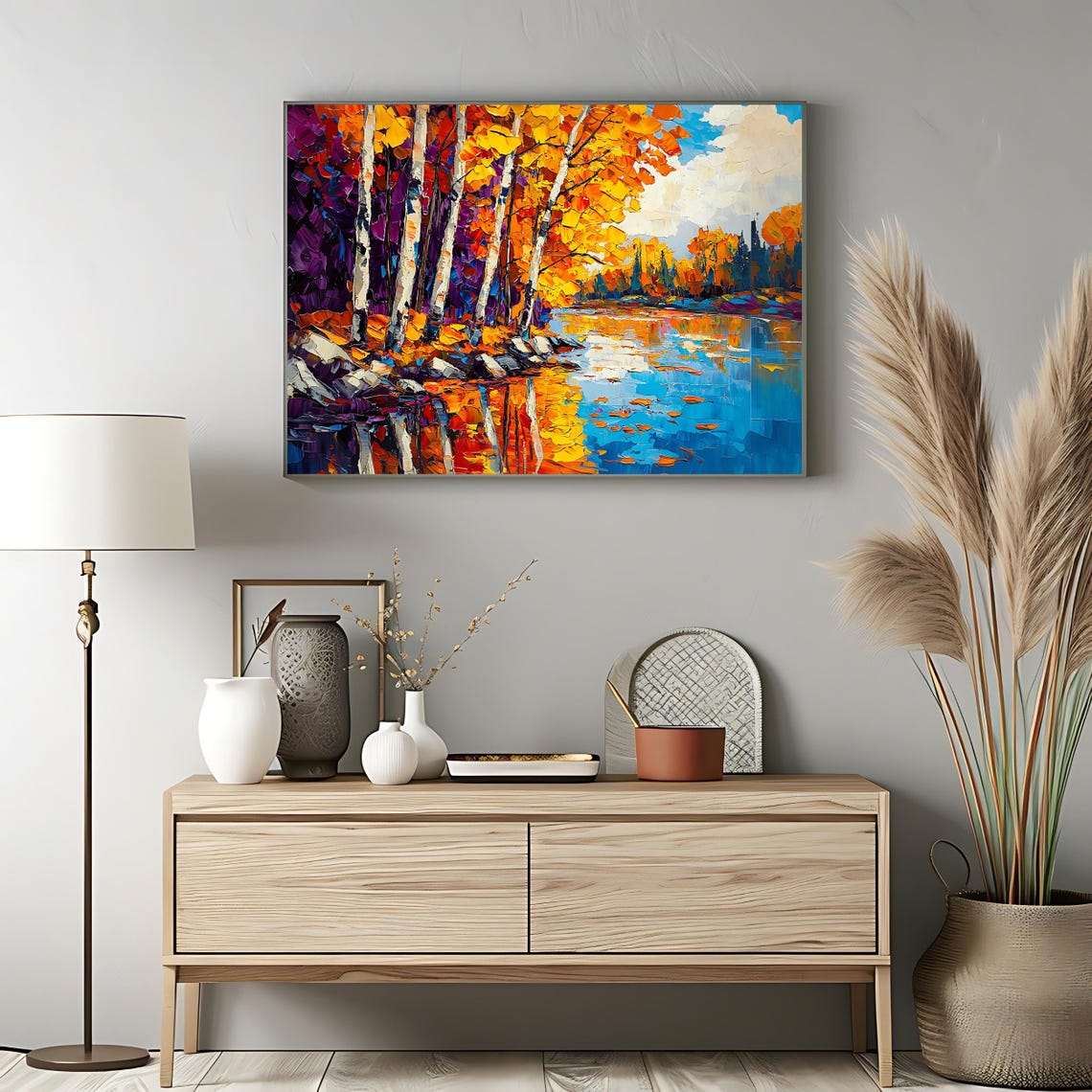 Autumn Birch Forest Palette Knife Orange Purple Lakeside Travel Poster - Image 3