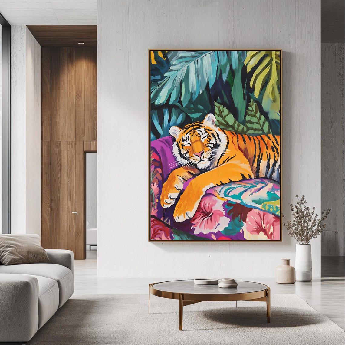 Sleeping Tiger Jungle Leaves Vibrant Tropical Wildlife Art Poster - Image 3