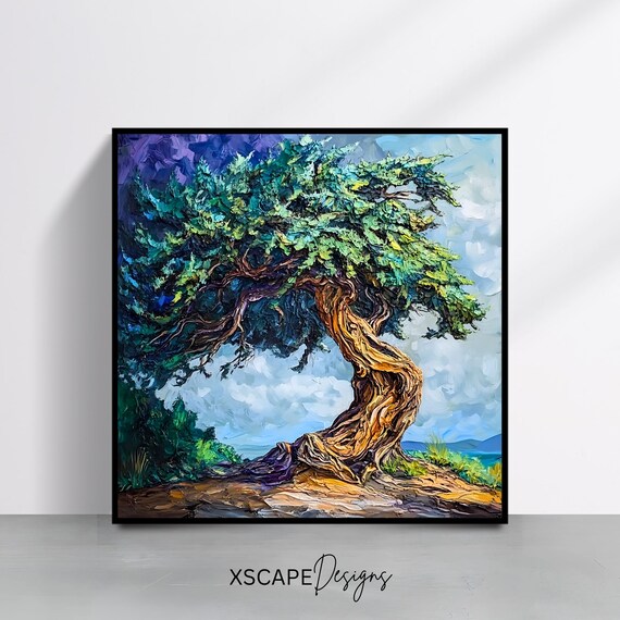 Ancient Olive Tree Art Print Rustic Mediterranean Wall Decor Square Nature Landscape Painting