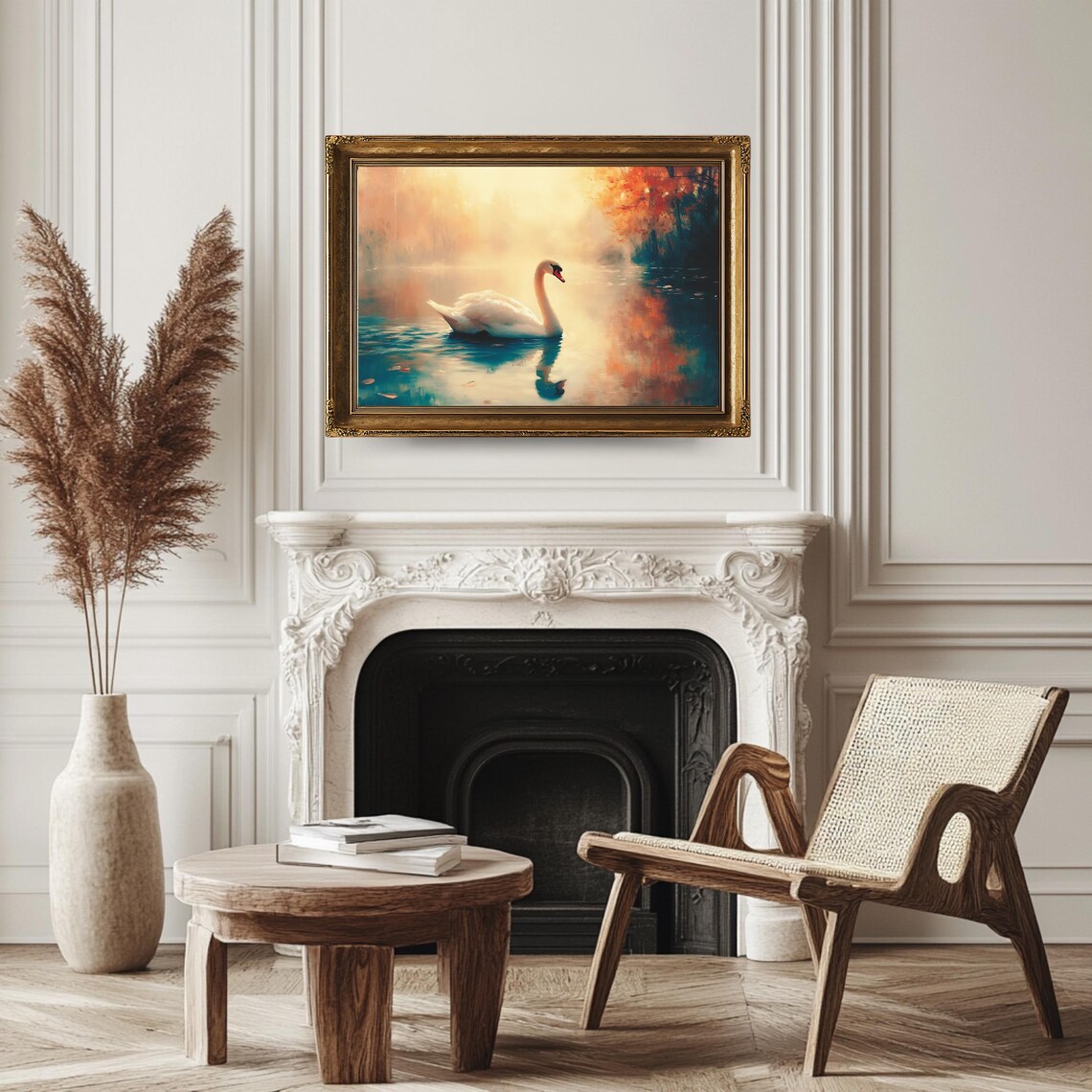 White Swan On Misty Autumn Lake Vintage Wildlife Painting Wall Art - Image 3