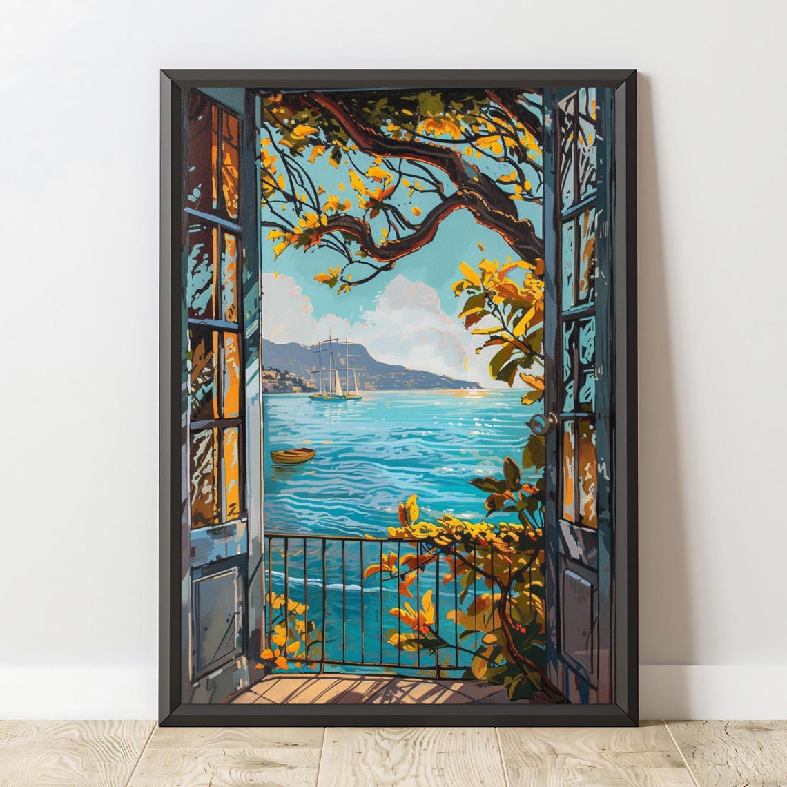Mediterranean Balcony Window Ocean Sailboat View Coastal Travel Poster - Image 2