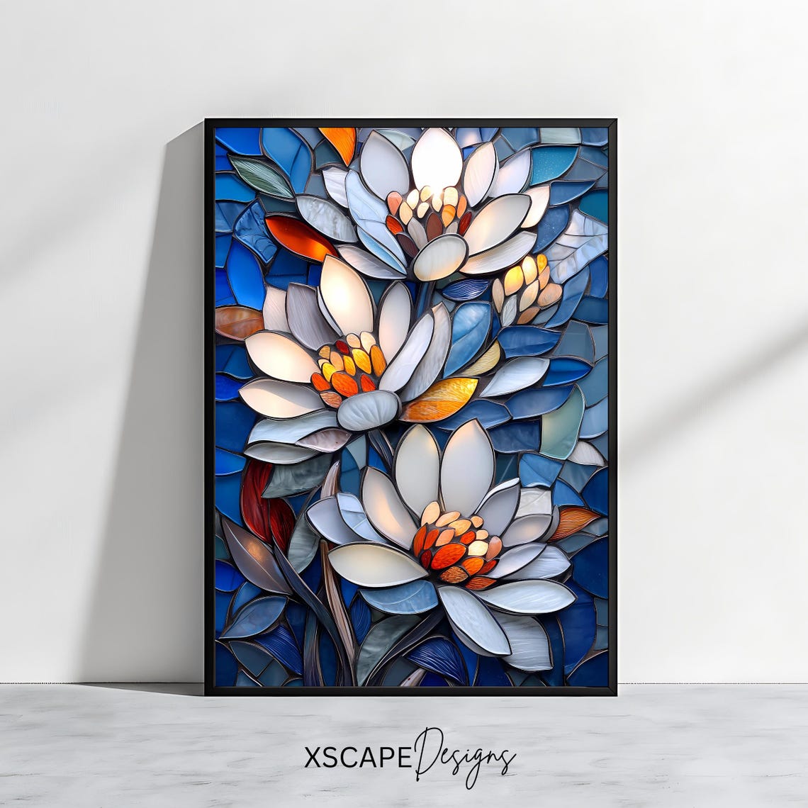 White Blue Flowers Stained Glass Art Elegant Floral Wall Decor Poster